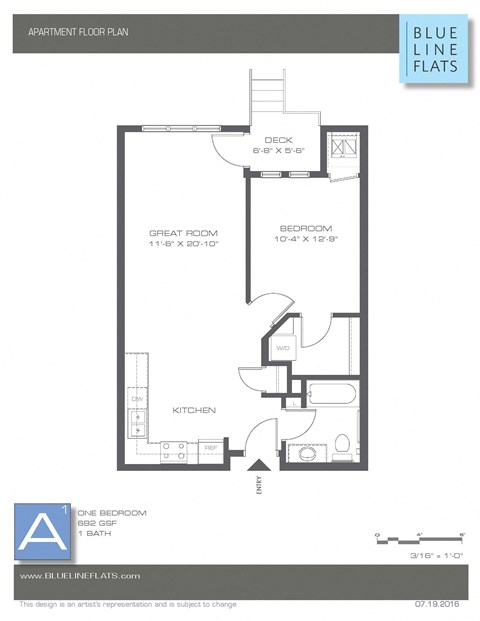 Floor plan for 1 bed, 1 bath, 653 sqft